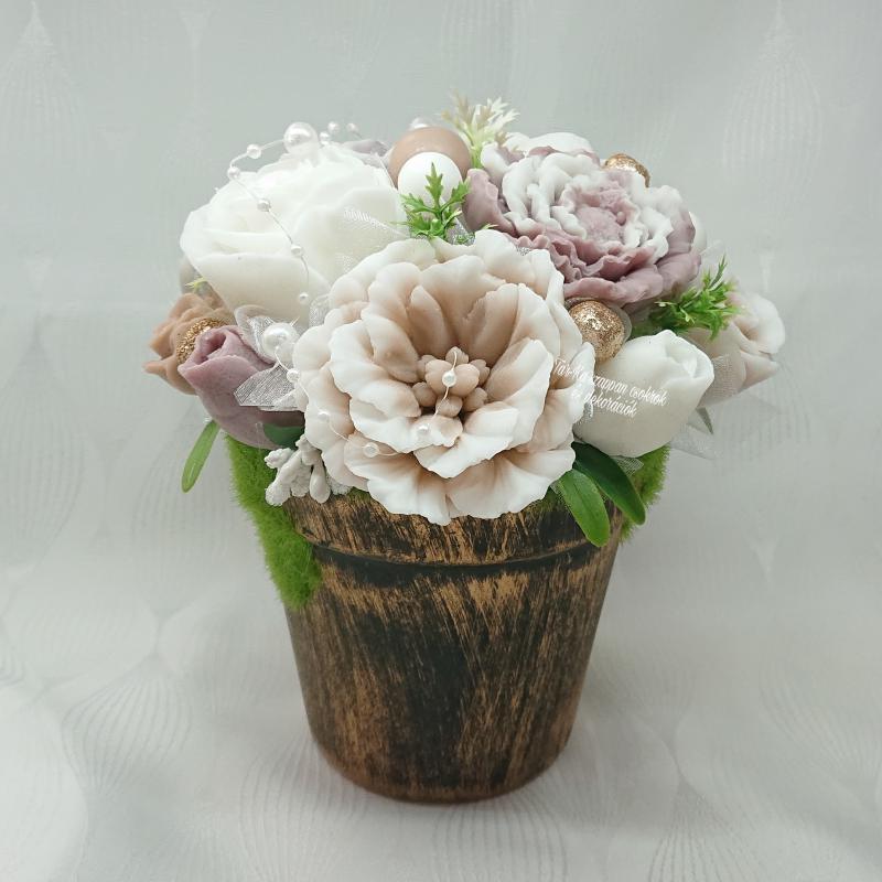 Barna - fehér illatos szappanvirág dekoráció rusztikus kaspóban