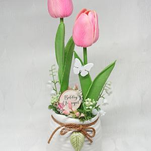 2 szálas élethű tulipánok leveles kaspóban választható fa táblával