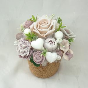 Barna - fehér illatos szappanvirág dekoráció köteles kaspóban