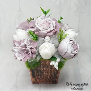 Barna - fehér illatos szappanvirág dekoráció rusztikus kaspóban