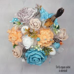 Barna - kék - narancssárga - fehér illatos szappan csokor köteles kaspóban