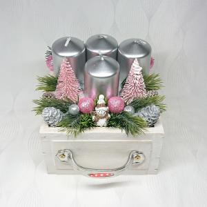 Fehér - rózsaszín - ezüst  fiókos adventi dekoráció