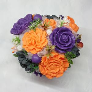 Halloween-i narancssárga - lila - fekete szappan csokor kerek formájú boxban