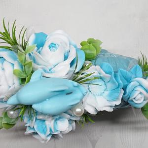 Kék - fehér delfines szappanvirág csokor csiga formájú kaspóban