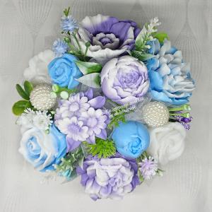 Lila - kék - fehér szappan csokor kerek boxban