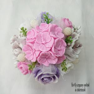 Lila - rózsaszín - barna - fehér szappan csokor kerek boxban