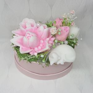 Pink cicás/macskás illatos tulipán szappan csokor ovális boxban