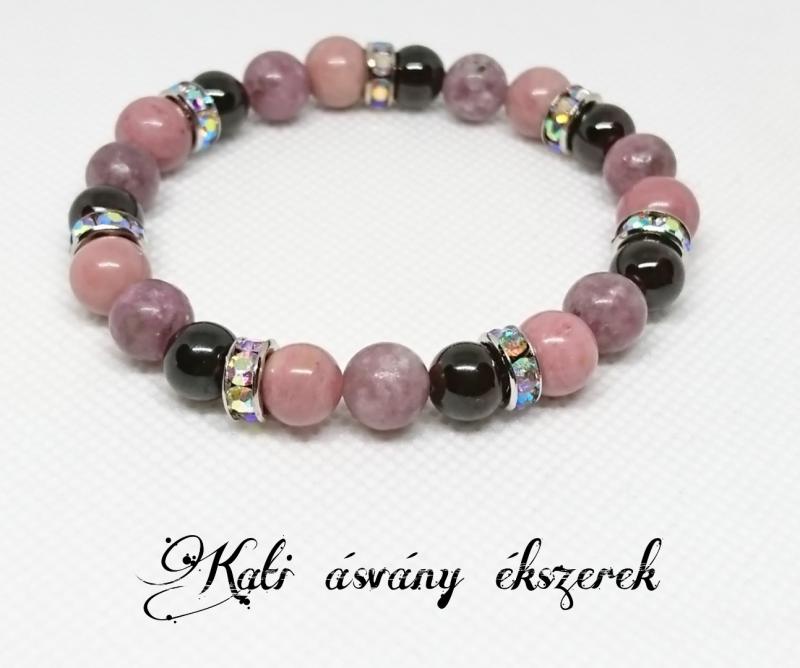 Gránát, lepidolit és rodonit ásvány karkötő