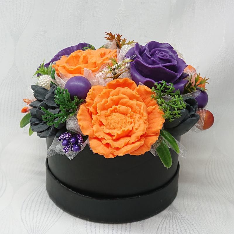 Halloween-i narancssárga - lila - fekete szappan csokor kerek formájú boxban