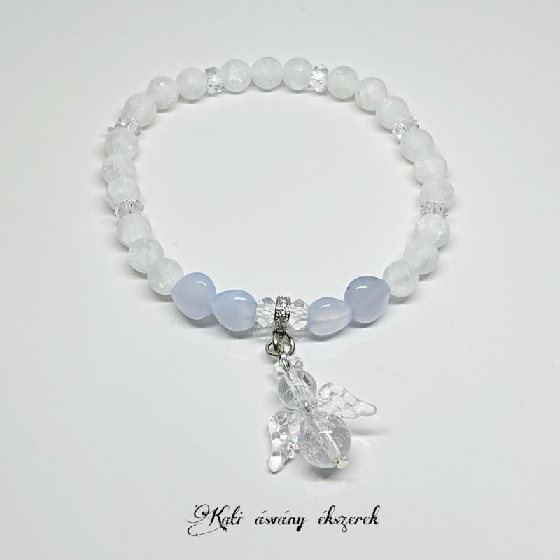 Hegyikristály és kalcedon ásvány karkötő angyal medállal