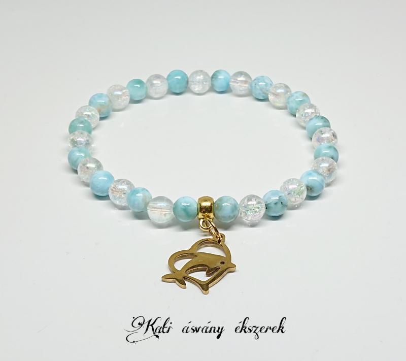Larimar és angyal aura kvarc ásvány karkötő delfin medállal