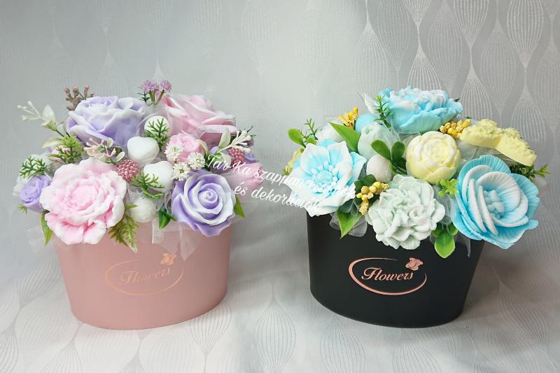 Ovális boxba készült illatos szappanvirág csokrok