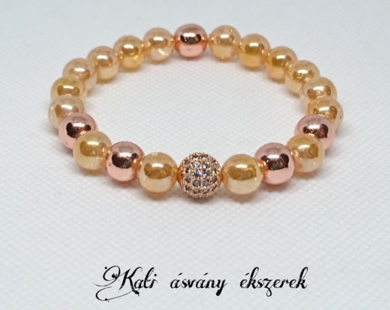 Rosegold hematit és napfény aura kvarc ásvány karkötő cirkónia gömbbel