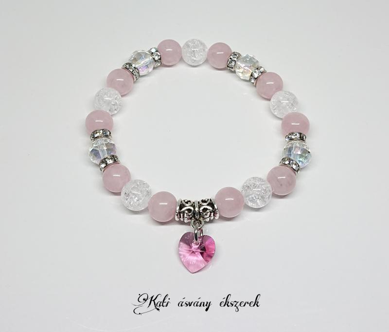 Swarovski szíves szeretet ásvány karkötő rózsakvarcból és hegyikristályból