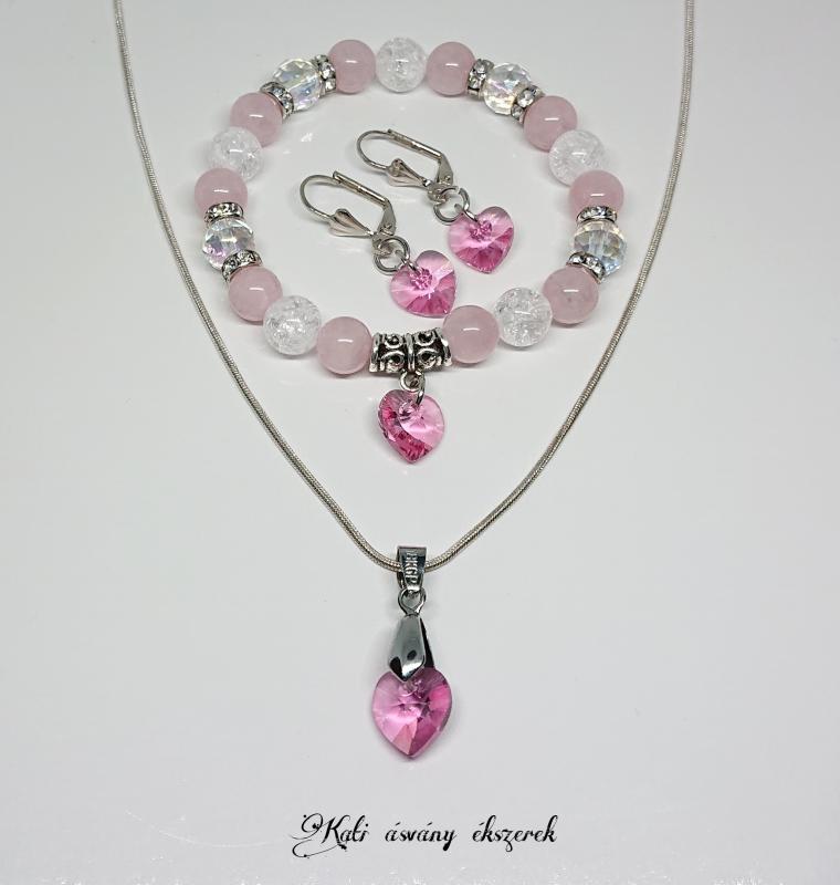 Swarovski szíves szeretet szett rózsakvarcból és hegyikristályból