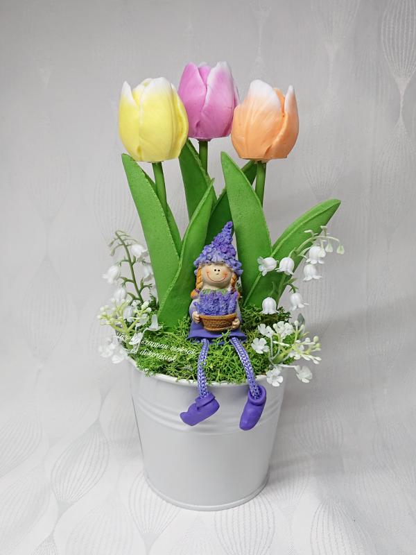 Szappan tulipán csokor fém vödörben levendula babával