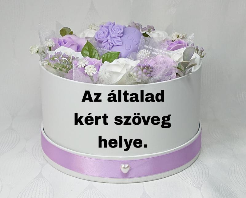 Szappanrózsa csokor fehér kerek dobozban egyedi szöveggel