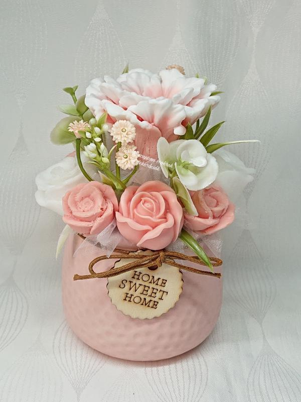 Szappanvirág dekoráció Home Sweet Home kaspóban