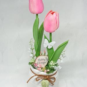 2 szálas élethű tulipánok leveles kaspóban választható fa táblával