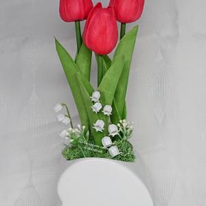 3 szálas élethű tulipán csokor szív kerámia kaspóban