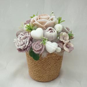 Barna - fehér illatos szappanvirág dekoráció köteles kaspóban