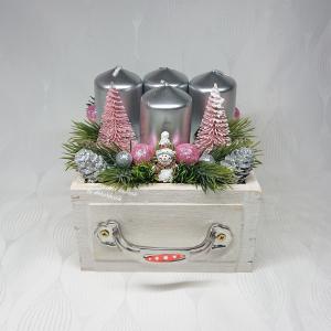 Fehér - rózsaszín - ezüst  fiókos adventi dekoráció