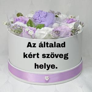 Szappanrózsa csokor fehér kerek dobozban egyedi szöveggel