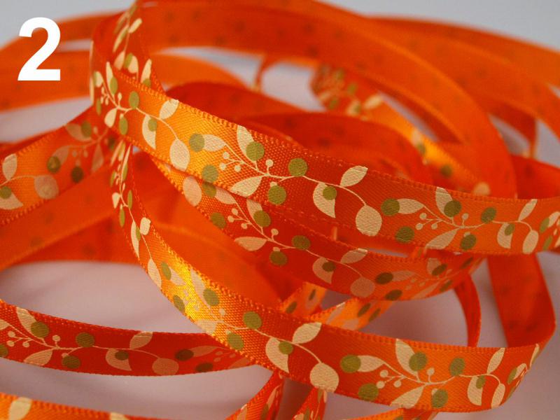 10SSM05 - 10mm-es pöttyös és levél mintás szatén szalag - narancssárga