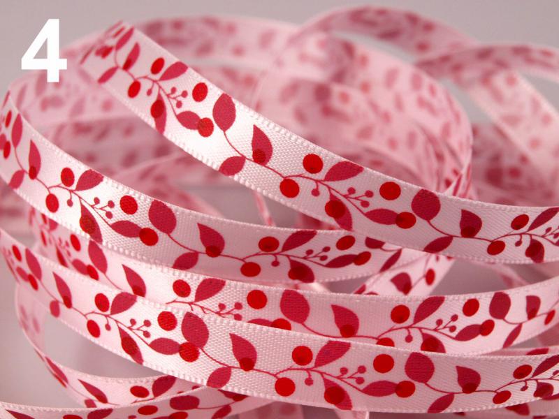 10SSM06 - 10mm-es pöttyös és levél mintás szatén szalag - rózsaszín
