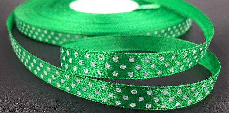 10SSM25 - 10mm-es pöttyös szatén szalag - zöld - 360cm
