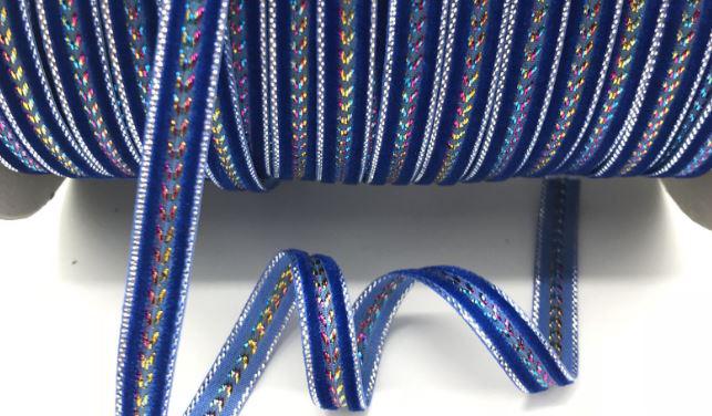 10SZLM01 - 10mm-es Királykék bársony szalag lurex díszítéssel - 350cm