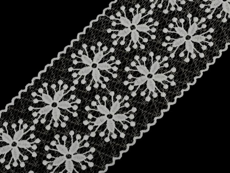 110SCS37 - 110mm széles virág motívumos, csillogós törtfehér csipke szalag