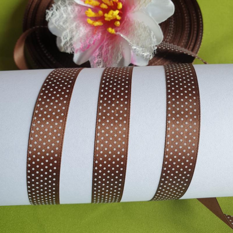 15SSM14 - 15mm-es apró pöttyös szatén szalag - barna
