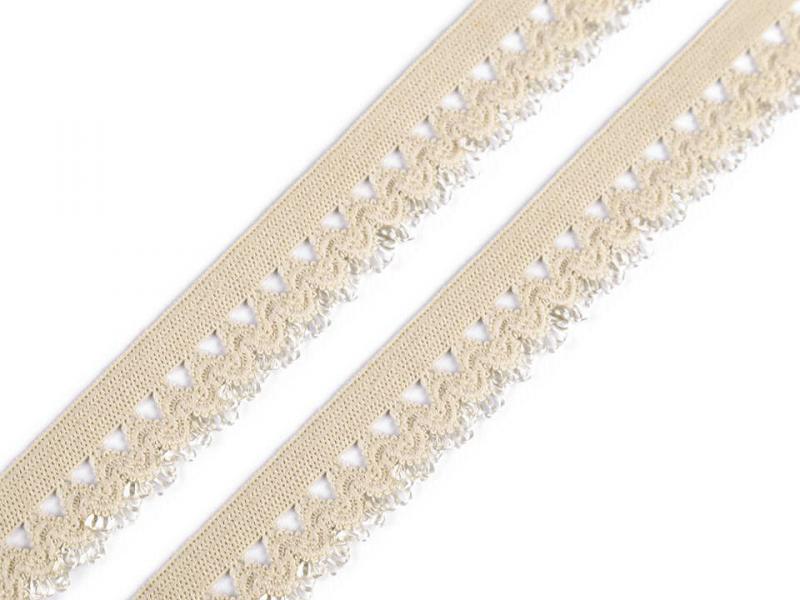 17SZG06 - 17mm-es bézs csipke mintás gumi szalag / pikó, bugyi 90cm