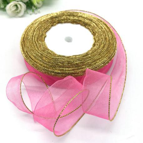20SLM - 20mm-es arany szélű organza szalag - rózsaszín - 490cm