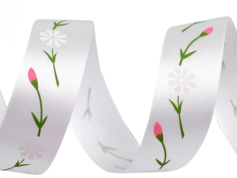 22SSM44 - 22mm-es rózsaszín rózsa mintás szatén szalag