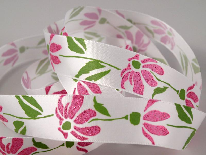 22SSM46 - 22mm-es csillogós, glitteres virág mintás szatén szalag - rózsaszín virág