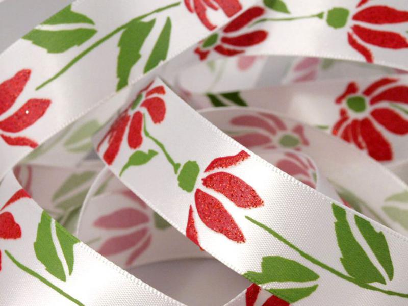 22SSM47 - 22mm-es csillogós, glitteres virág mintás szatén szalag - piros virág