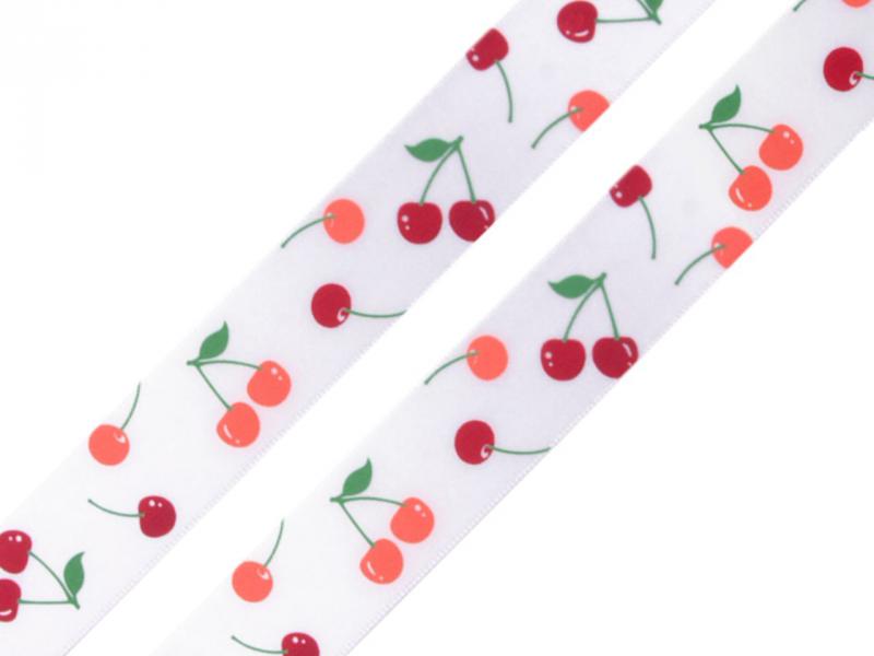 22SSM53 - 22mm-es cseresznye mintás szatén szalag  202cm