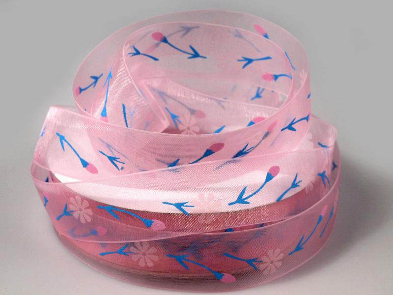 22SZOM05 - 22mm-es virág mintás organza szalag - rózsaszín