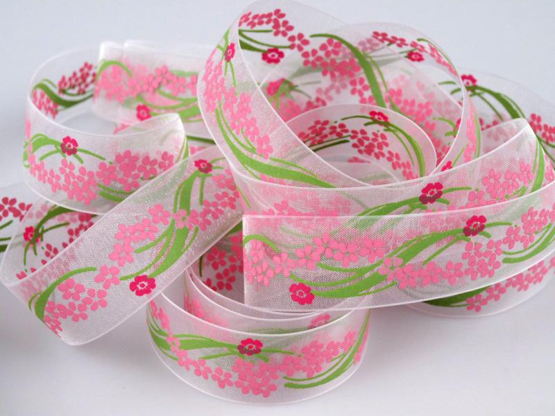 22SZOM06 - 22mm-es virág mintás organza szalag - fehér