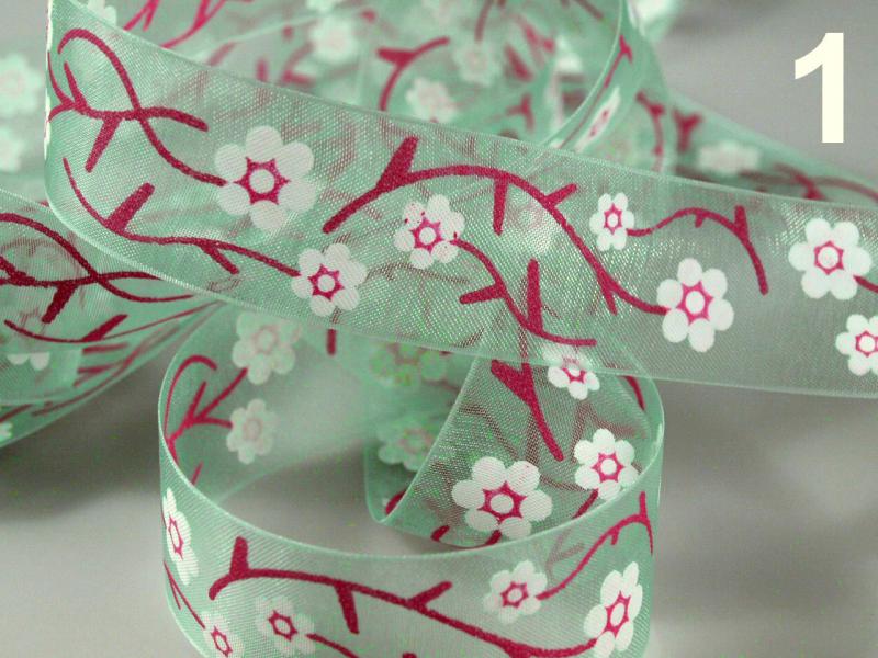 22SZOM08 - 22mm-es virág mintás organza szalag - zöld