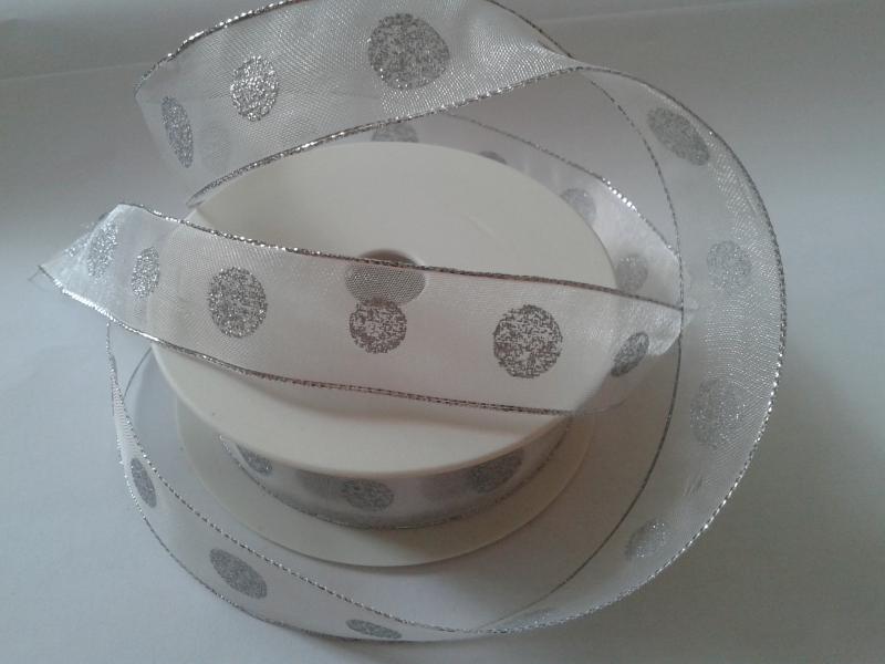 25SLM10 - 25mm-es pöttyös organza szalag dróttal - ezüst