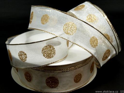 25SLM11 - 25mm-es pöttyös organza szalag dróttal - arany