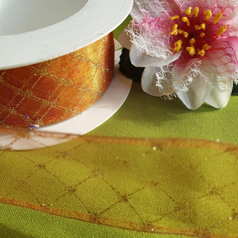 25SLM17 - 50mm-es kockás organza szalag dróttal - narancs