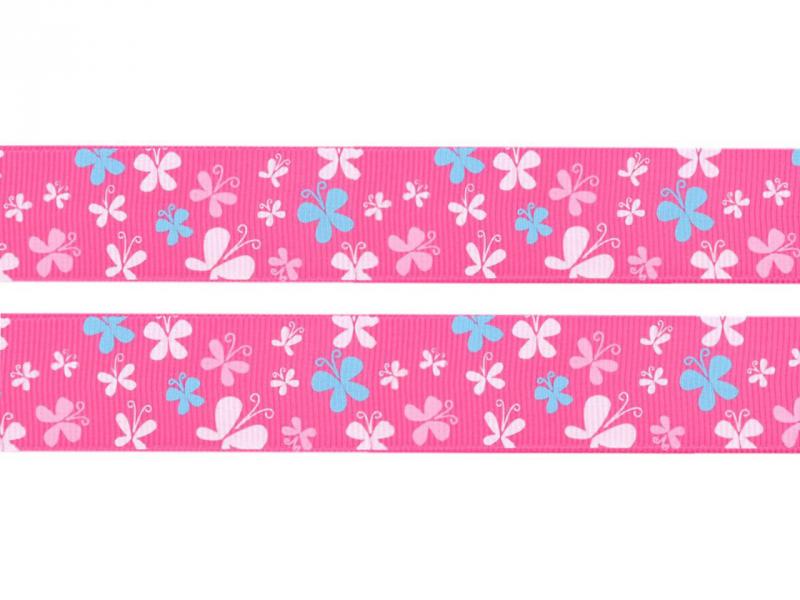 25SZR07 - 25mm-es pillangó mintás ripsz szalag - rózsaszín