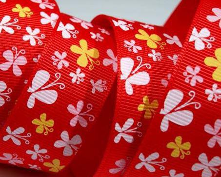 25SZR08 - 25mm-es pillangó mintás ripsz szalag - piros