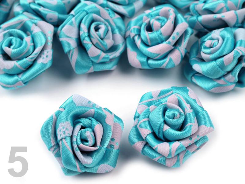 2db 25mm-es Szatén RÓZSA - türkizkék és fehér cirkás