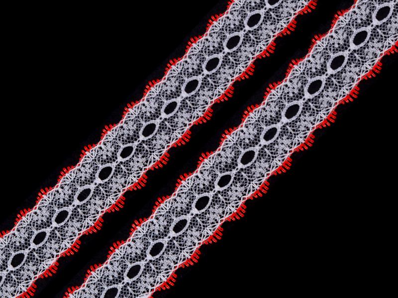 30SCS02 - 35mm-es hófehér angol csipke szalag piros széllel