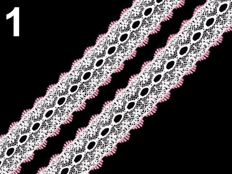 35SCS03 - 35mm-es hófehér angol csipke szalag rózsaszín széllel